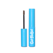 Get-Fluffed Brow Gel in a vibrant blue tube with a mini spoolie brush opened to show tinted gel.