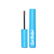 Bright blue tube of Get-Fluffed Brow Gel with a mini spoolie brush, perfect for tinting, taming, and adding natural-looking fullness to your eyebrows.