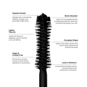 Close-up of Eye Defy Zero Gravity Mascara brush highlighting biotin-rich formula, peptide ingredients, unique hourglass shape for lash separation, and vegan cruelty-free credentials for airy volume and defined lashes.