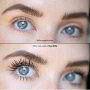 Close-up comparison of eyelashes before and after applying two coats of Eye Defy Zero Gravity Mascara, showing natural eyelash enhancement and volumizing effect.