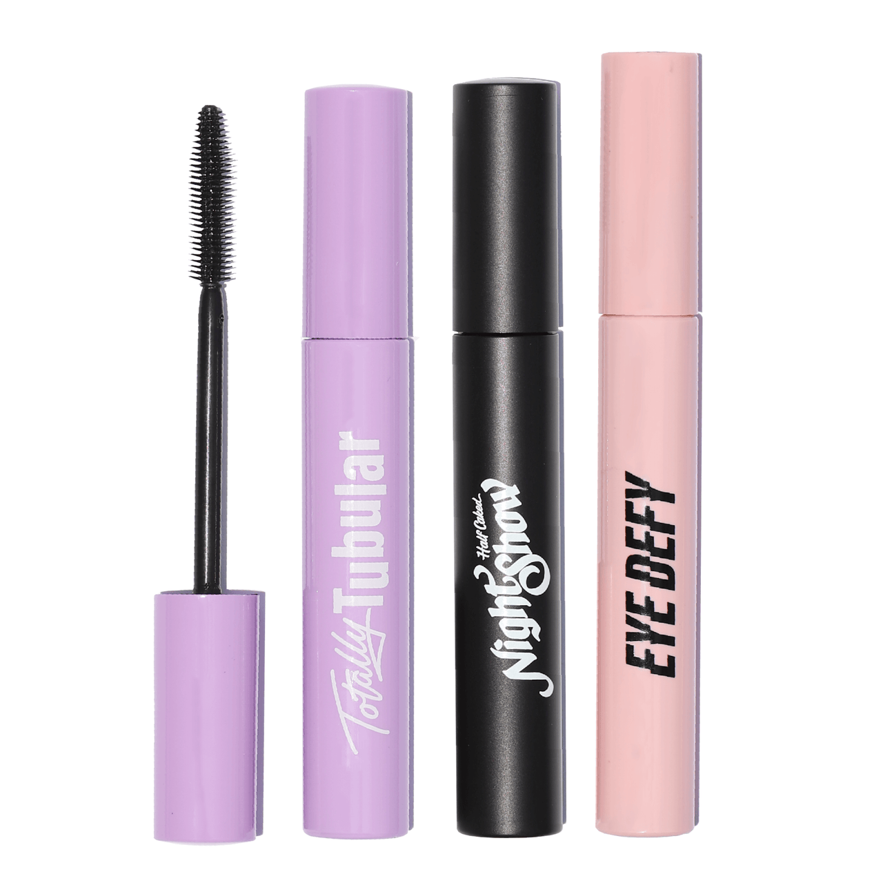 Mascara Bundle featuring Totally Tubular in purple, Night Show in black, and Eye Defy in pink tubes.