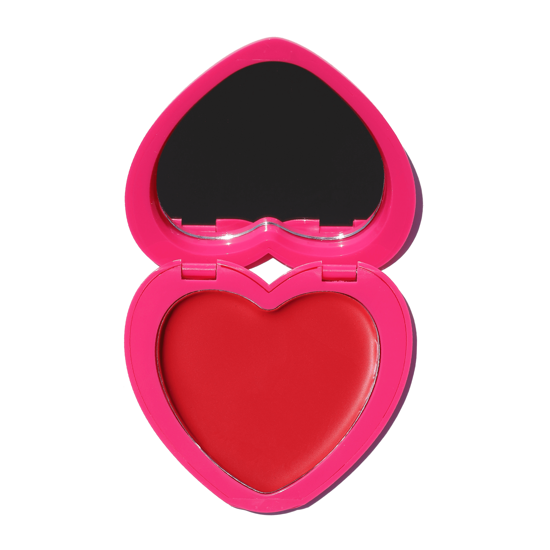 Heart-shaped Candy Paint Cheek + Lip Tint compact in radiant Candy Apple Red, showcasing the versatile cream blush for a dewy finish, complete with a built-in mirror for on-the-go touch-ups.