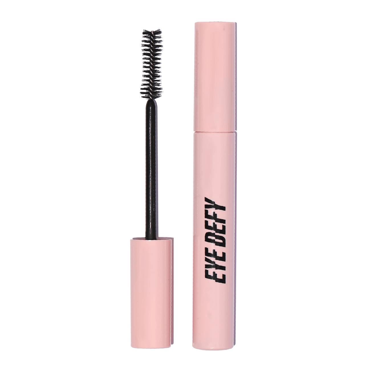 Eye Defy Zero Gravity Mascara with biotin-boosted formula and peptide blend for stronger lashes, hourglass brush wand, in a pink and black tube.