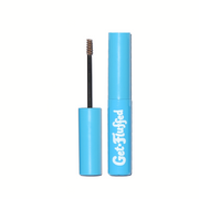 Blue tube of Get-Fluffed Brow Gel with mini spoolie brush for natural-looking eyebrow tinting and grooming.