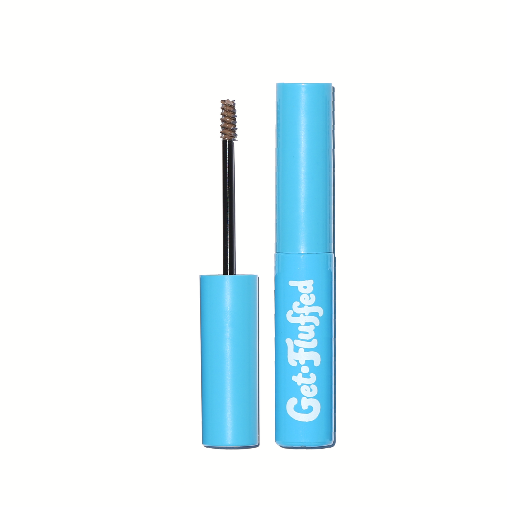 Blue tube of Get-Fluffed Brow Gel with mini spoolie brush for natural-looking eyebrow tinting and grooming.
