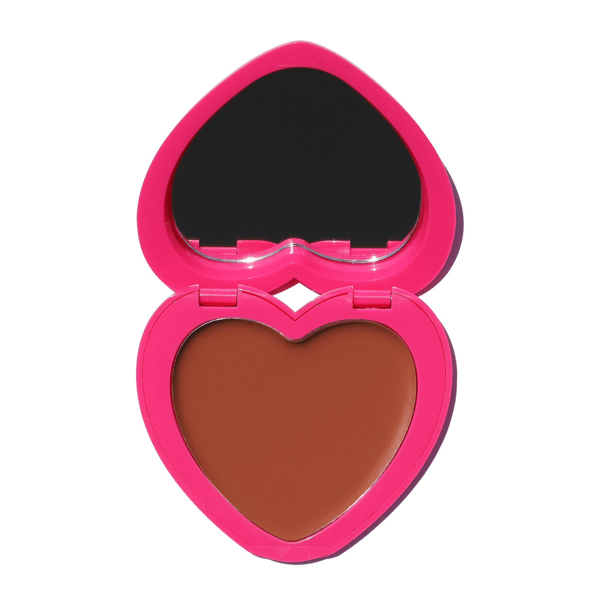 Heart-shaped compact of Candy Paint Cheek + Lip Tint opened to reveal a rich, terracotta cream blush with built-in mirror, perfect for achieving a dewy, radiant finish.