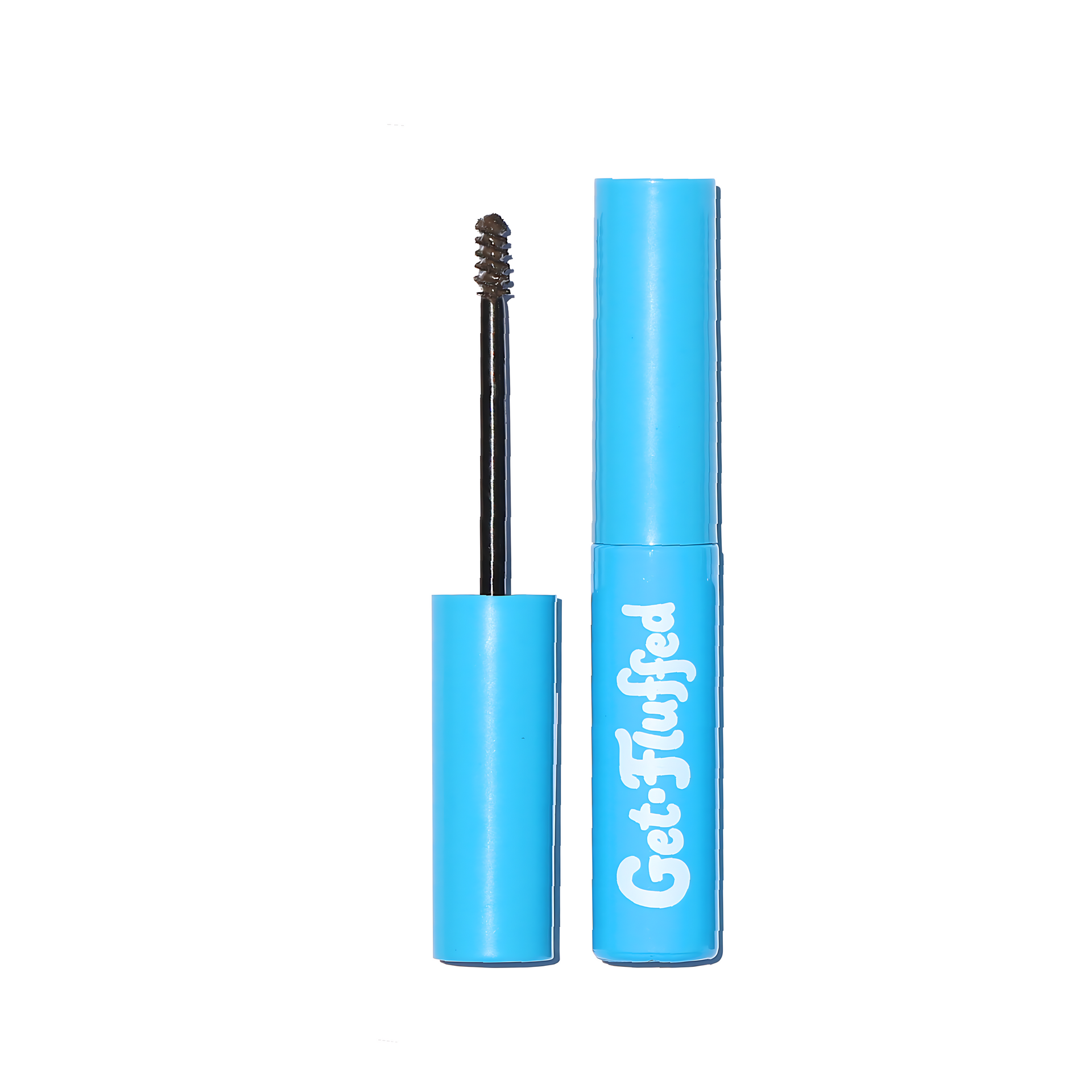 Blue tube of Get-Fluffed Brow Gel with a mini spoolie applicator, perfect for taming, texturizing, tinting, and grooming eyebrows for a natural look.