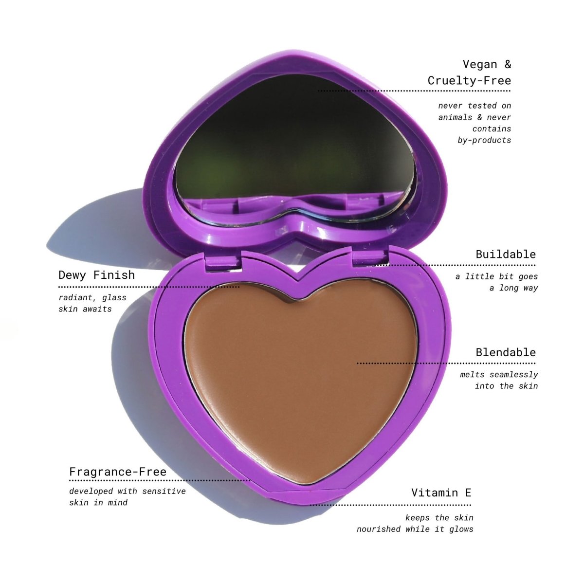 open purple heart-shaped compact with brown pan and key benefits - candy paint bronzer - half caked makeup