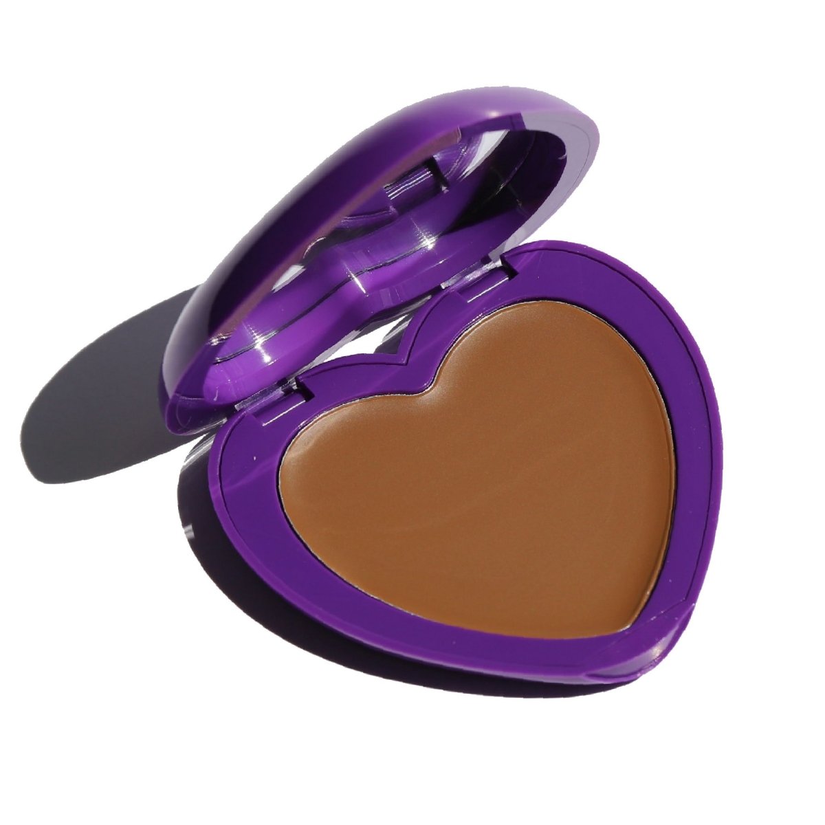 purple heart-shaped compact with mirror and brown pan - candy paint bronzer, cubby - half caked makeup