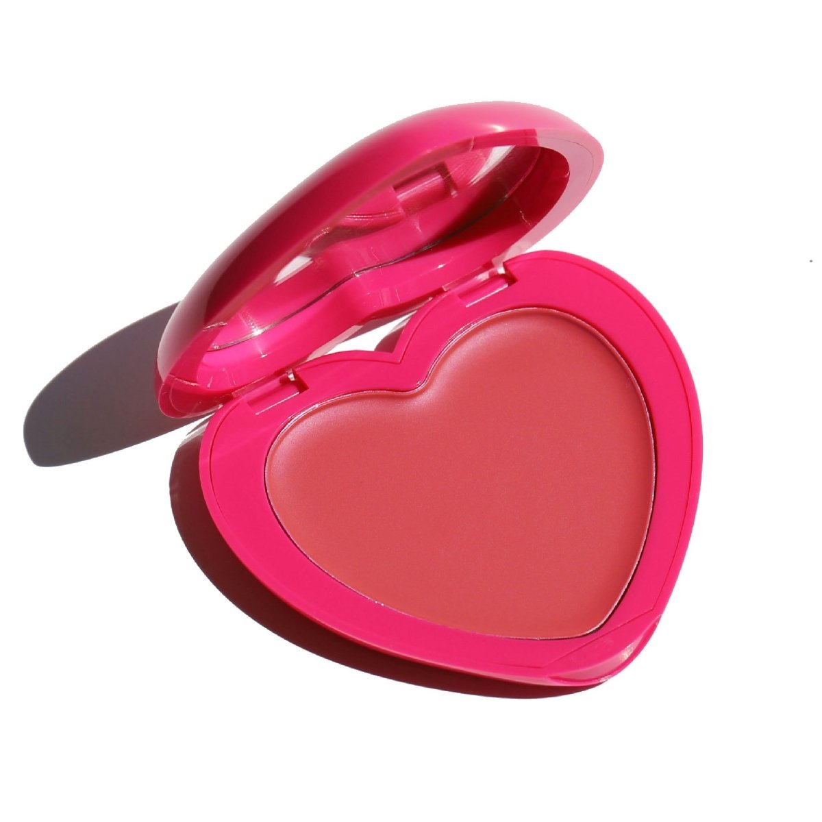 open pink heart shaped compact with mirror and peach pan - candy paint cheek + lip tint, disco lemonade - half caked makeup