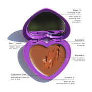 open purple heart-shaped compact with mirror and brown pan key benefits - half caked makeup - candy paint trifecta