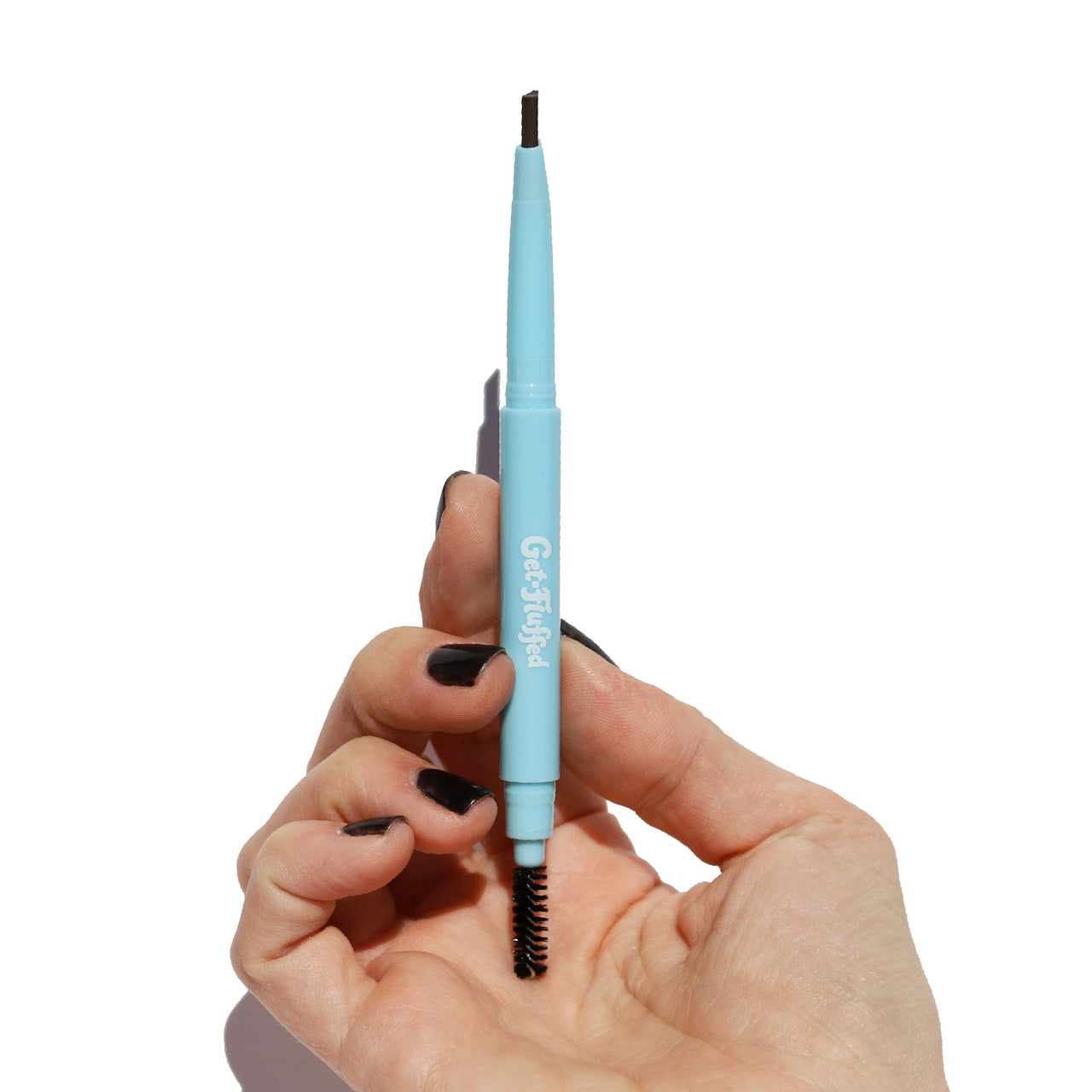 Light blue brow pencil in hand, Fluffy brows, Get Fluffed - Half Caked
