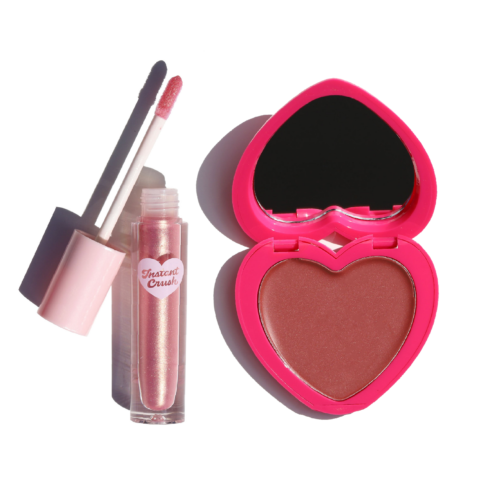 open pink heart shaped compact with mirror and pink shimmer lip gloss - Half Caked