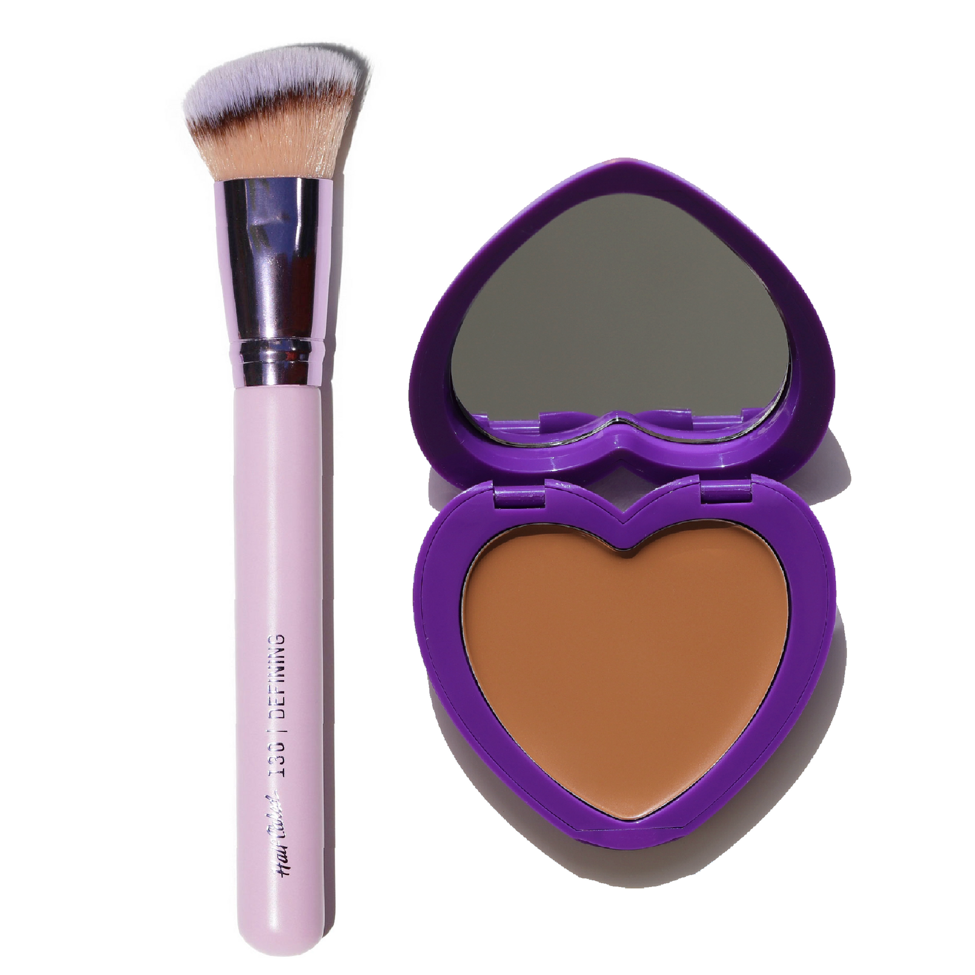 open purple heart shaped compact with brown pan and mirror - Instant Cheekbones Set - Half Caked