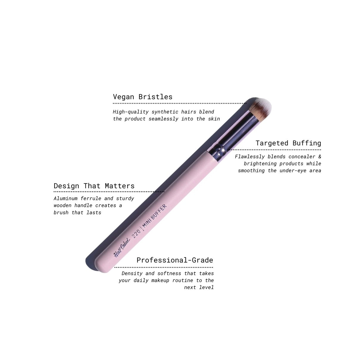shiny purple concealer brush with tan brown and white hairs - Mini Buffer Brush - Half Caked