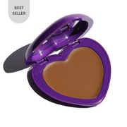 purple heart-shaped compact with mirror and  brown pan - candy paint bronzer, cubby - half caked makeup