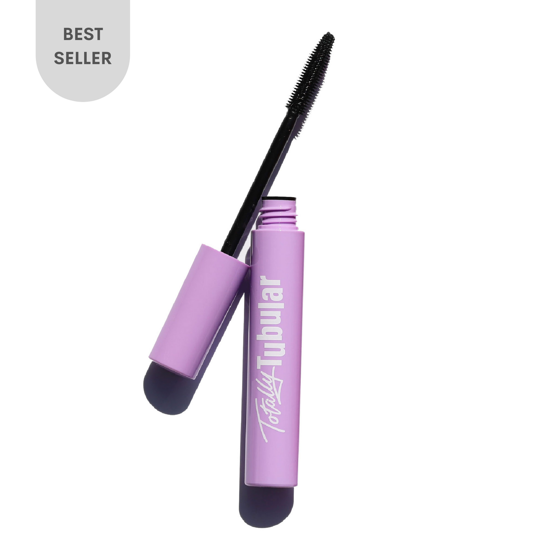 open purple mascara tube with curved black applicator - totally tubular mascara, the ultimate - half caked makeup