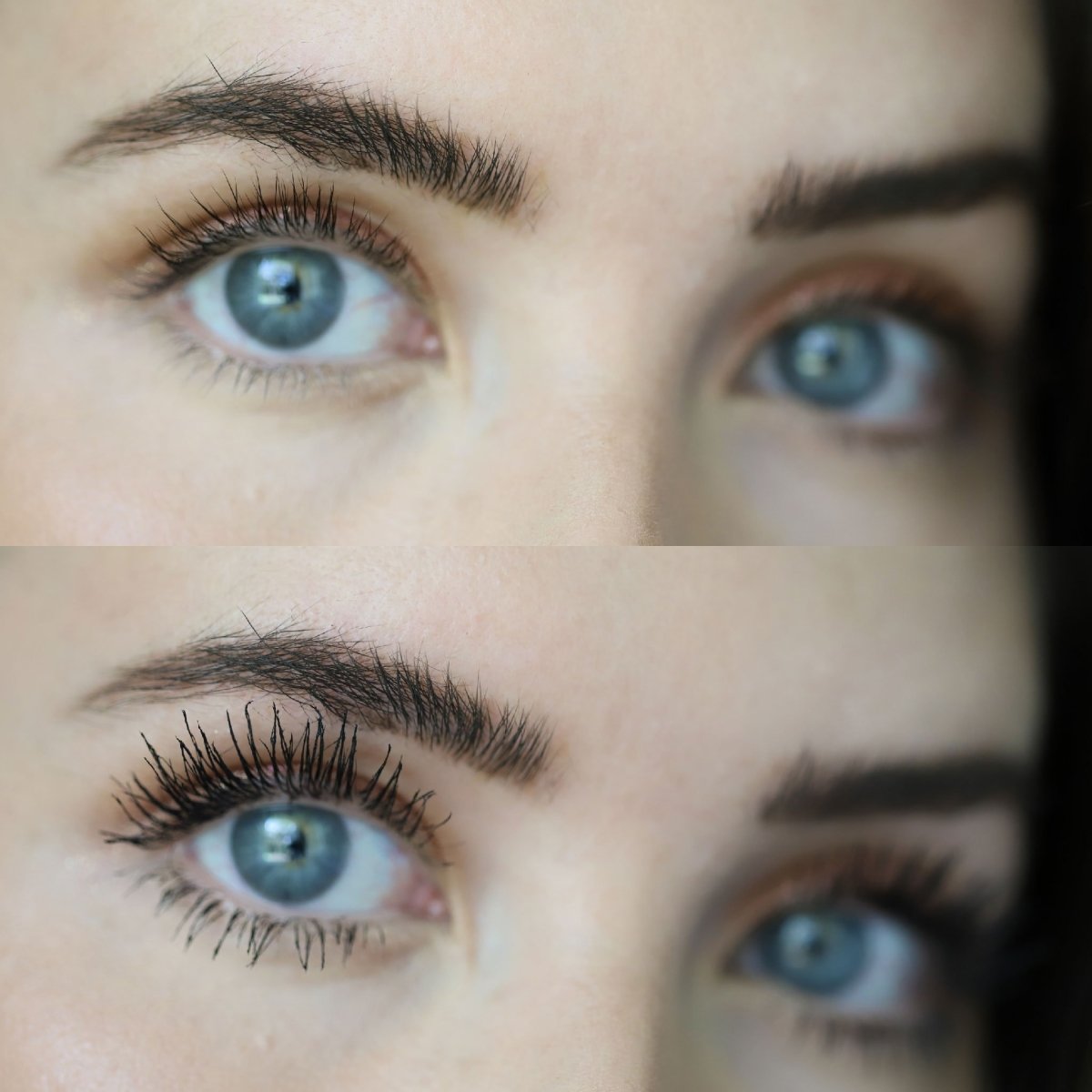 before and after of mascara application on blue eyes with long eyelashes - Totally Tubular Bundle - Half Caked