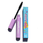open purple mascara tube with black wire bushy applicator with blue box - totally tubular mascara, the realest - half caked makeup