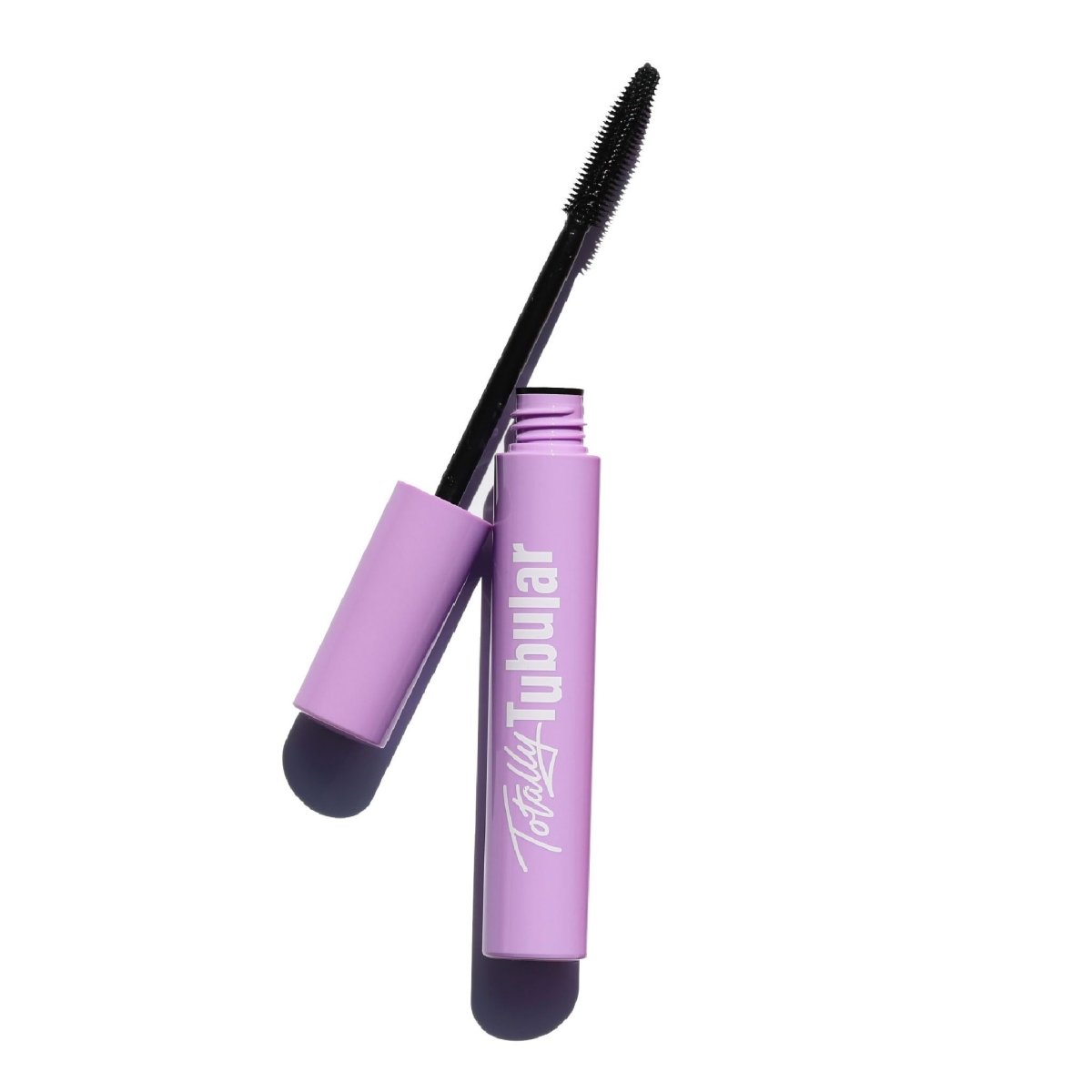 open purple mascara tube with black plastic cone applicator - totally tubular mascara, the heights - half caked makeup