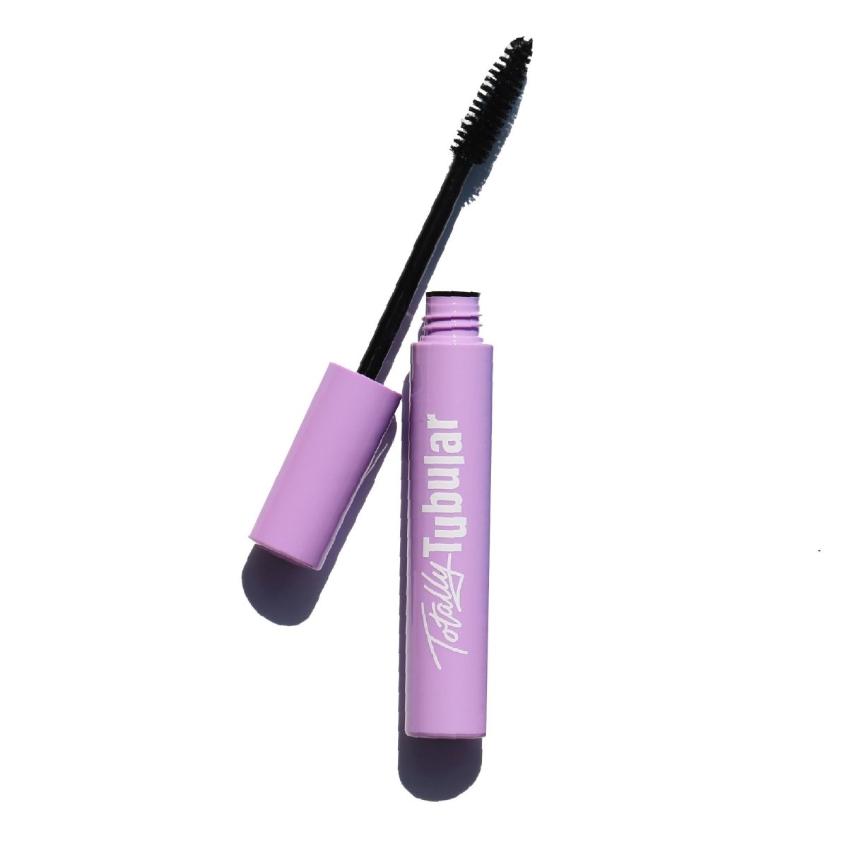 open purple mascara tube with black wire bushy applicator - totally tubular mascara, the realest - half caked makeup