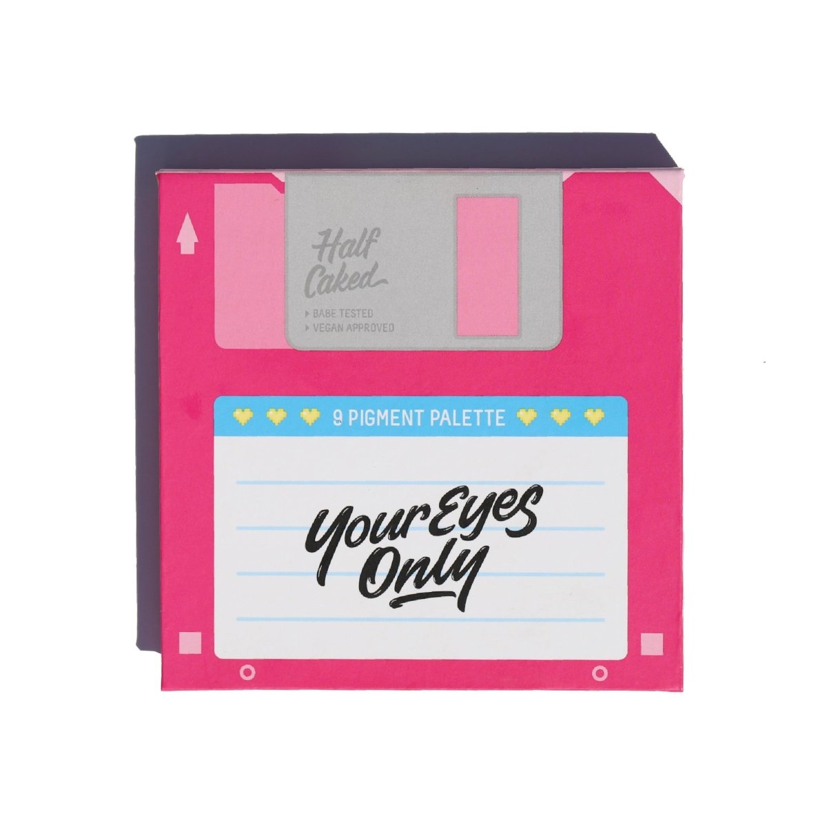 Floppy disk eyeshadow palette artwork for the Your Eyes Only Eyeshadow Palette created by Half Caked Makeup”